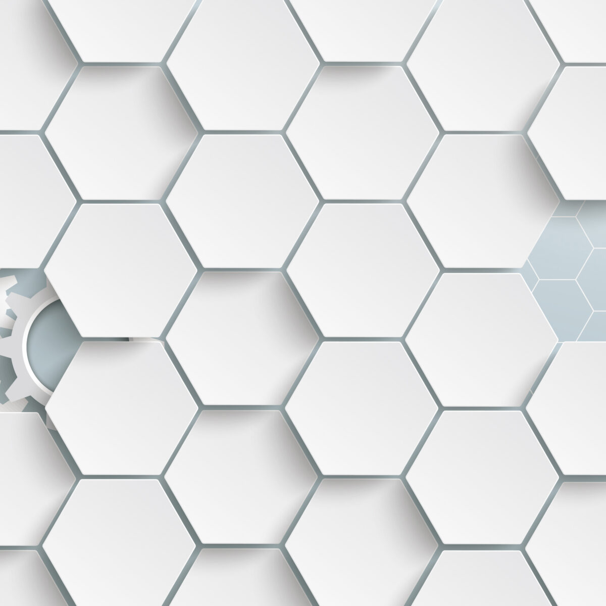 Hexagon structure with gears on the gray background.