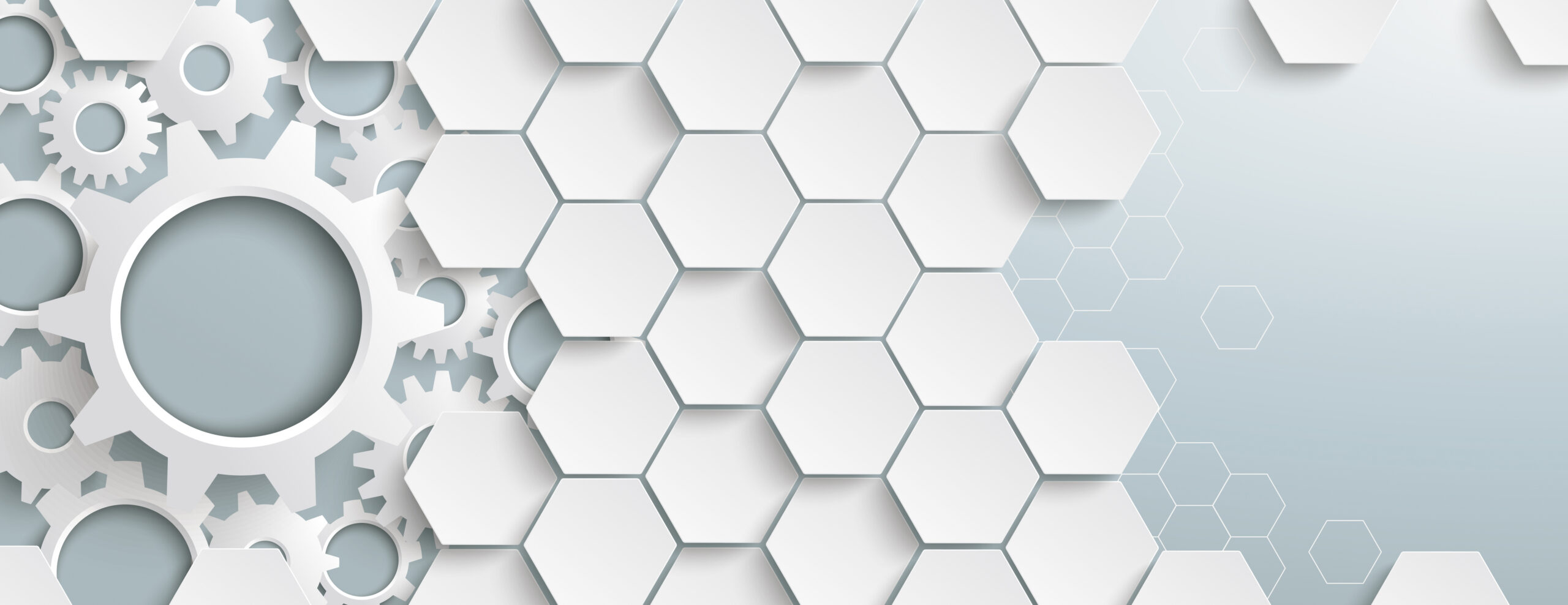 Hexagon structure with gears on the gray background.